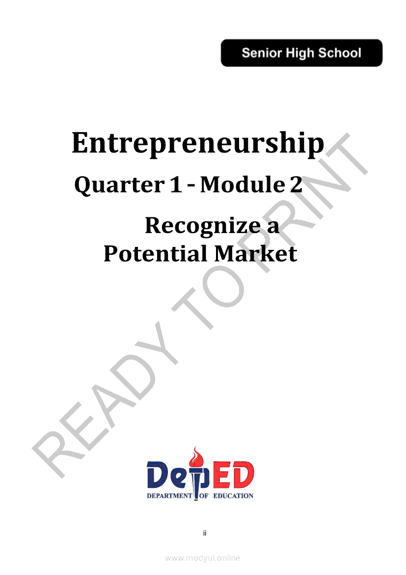 Entrepreneurship Quarter 1 Module 2 Recognize A Potential Market